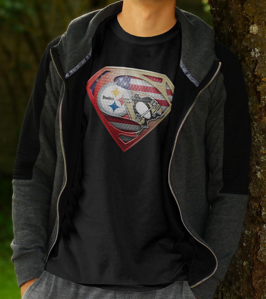 Steelers Penguins American Flag Superman Shield T-Shirt