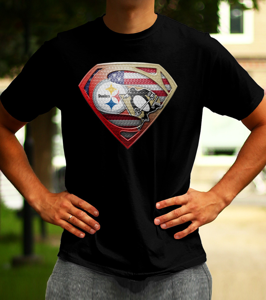 Steelers Penguins American Flag Superman Shield T-Shirt