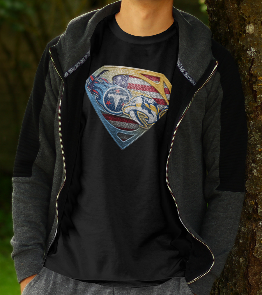 Tennessee Titans Nashville Predators American Flag Superman Shield Sspus130 T-Shirt