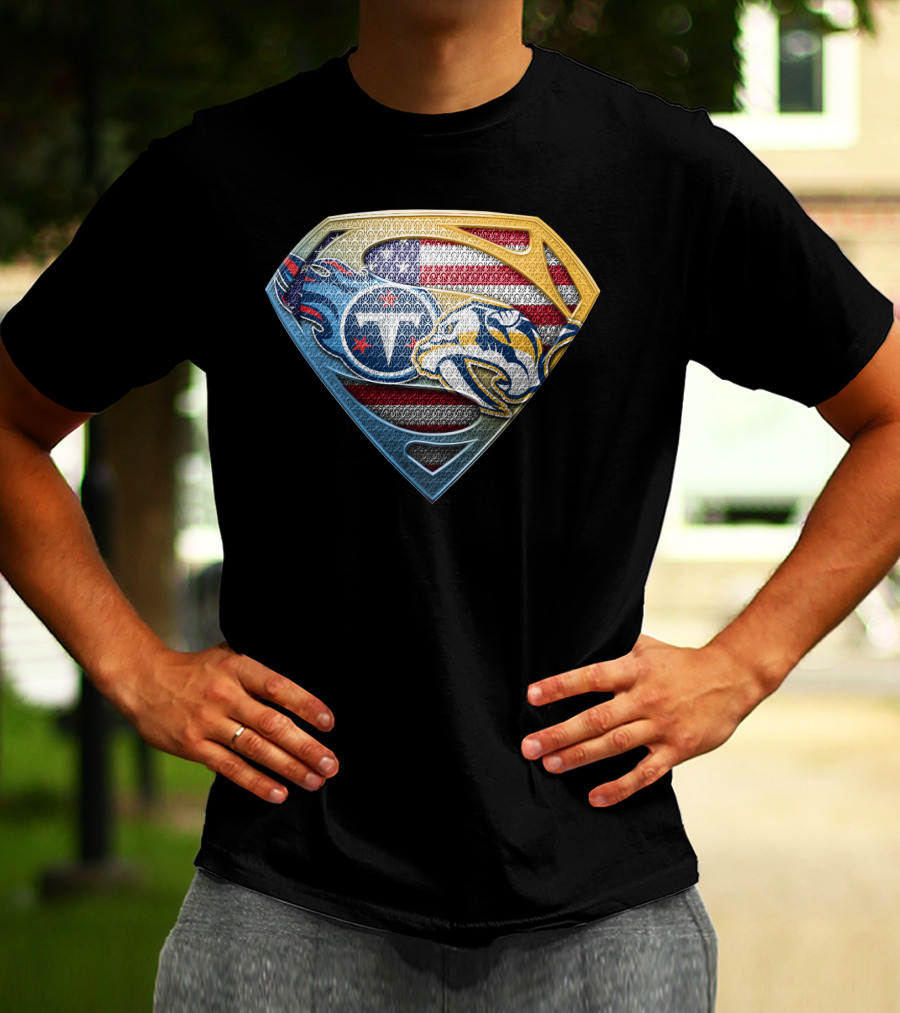 Tennessee Titans Nashville Predators American Flag Superman Shield Sspus130 T-Shirt