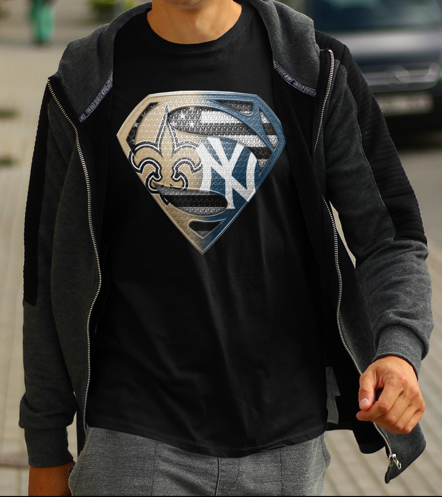 Superman Shield New York Yankees New Orleans Saints Logo Combination T-Shirt
