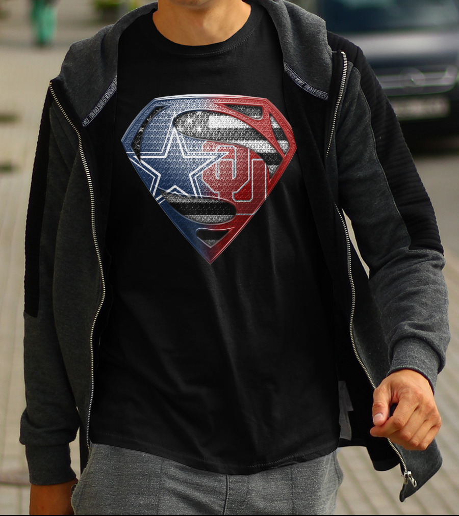 Superman Shield With Dallas Cowboys Star And Oklahoma Sooners Logos T-Shirt