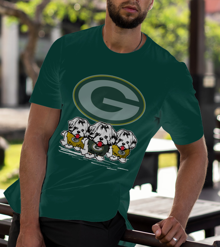Green Bay Packers Logo With Three Dogs In Jerseys T-Shirt