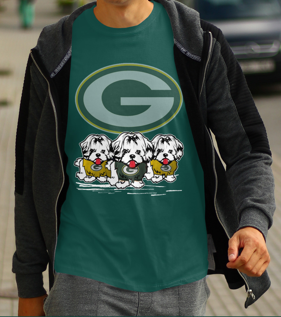 Green Bay Packers Logo With Three Dogs In Jerseys T-Shirt