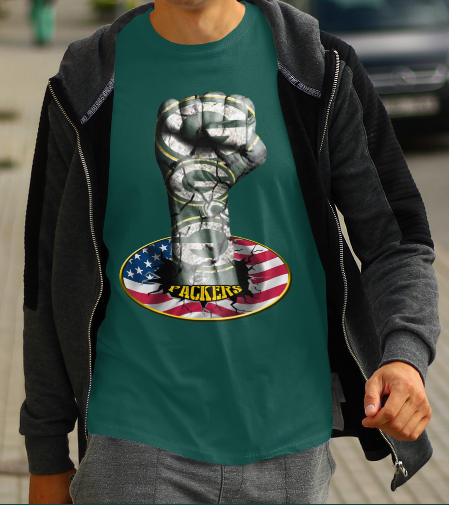 Fist With Green Bay Packers Logo On Cracked American Flag T-Shirt