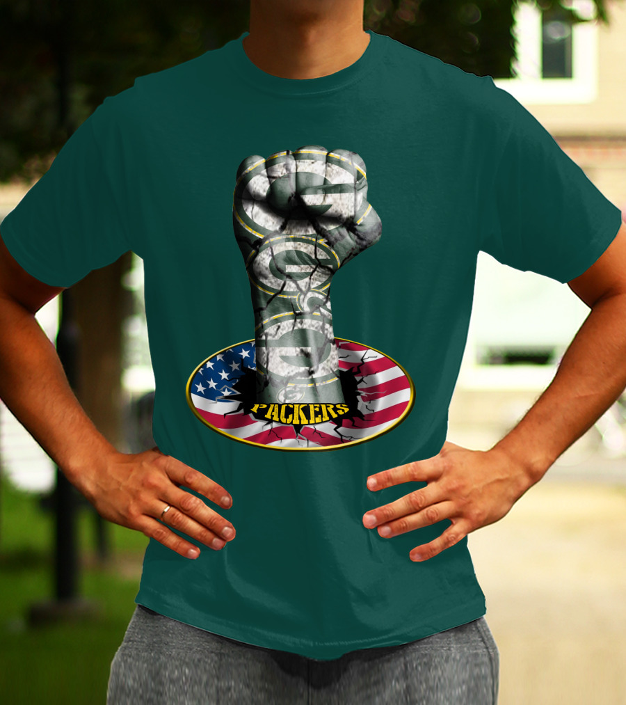 Fist With Green Bay Packers Logo On Cracked American Flag T-Shirt