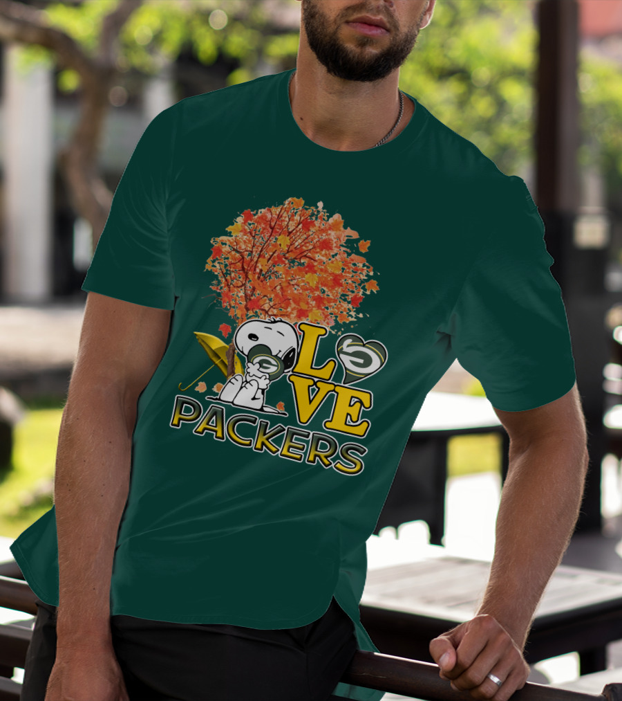 Love Packers Snoopy Green Bay Packers Autumn Tree T-Shirt