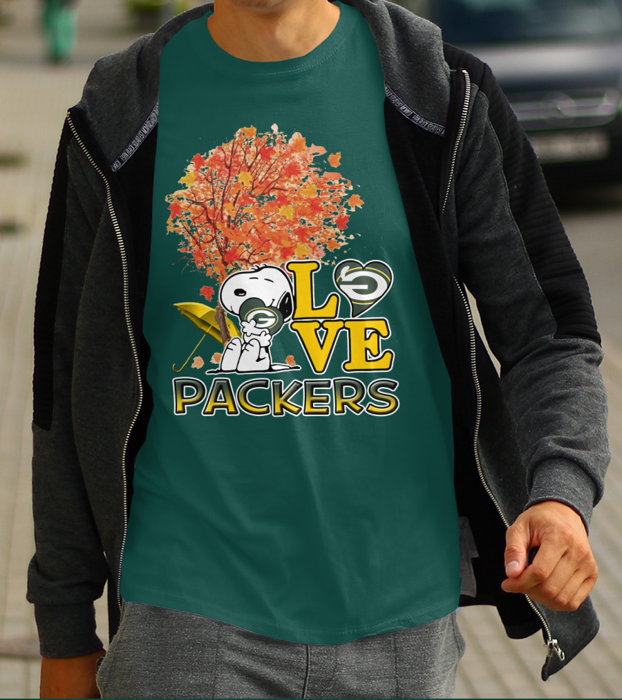 Love Packers Snoopy Green Bay Packers Autumn Tree T-Shirt