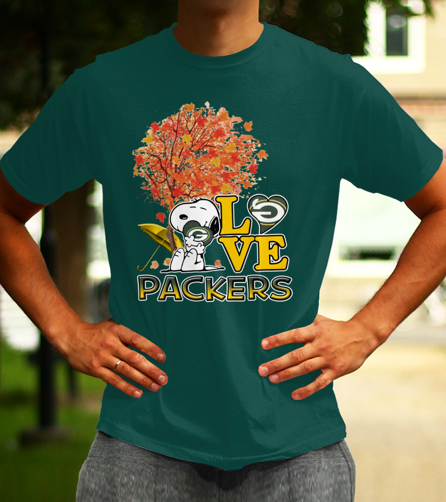 Love Packers Snoopy Green Bay Packers Autumn Tree T-Shirt