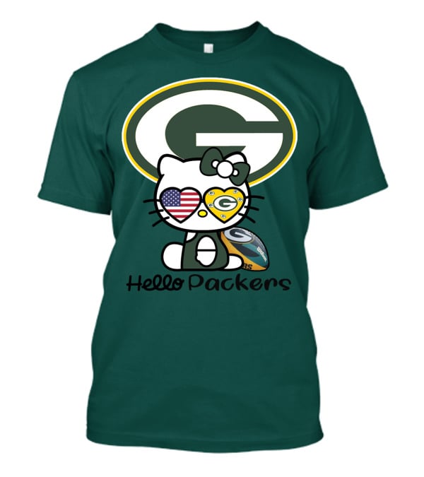Hello Packers Green Bay Packers Football Fan Art Featuring Kitty With American Flag Heart T-Shirt