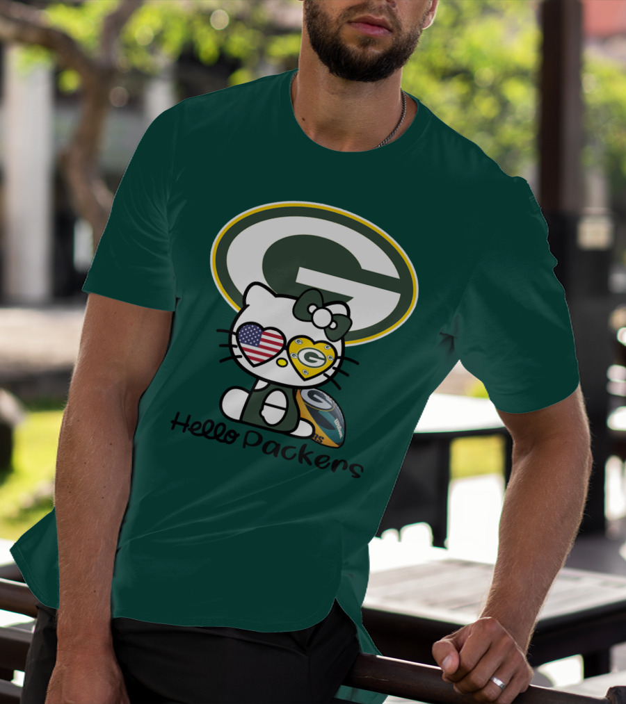 Hello Packers Green Bay Packers Football Fan Art Featuring Kitty With American Flag Heart T-Shirt