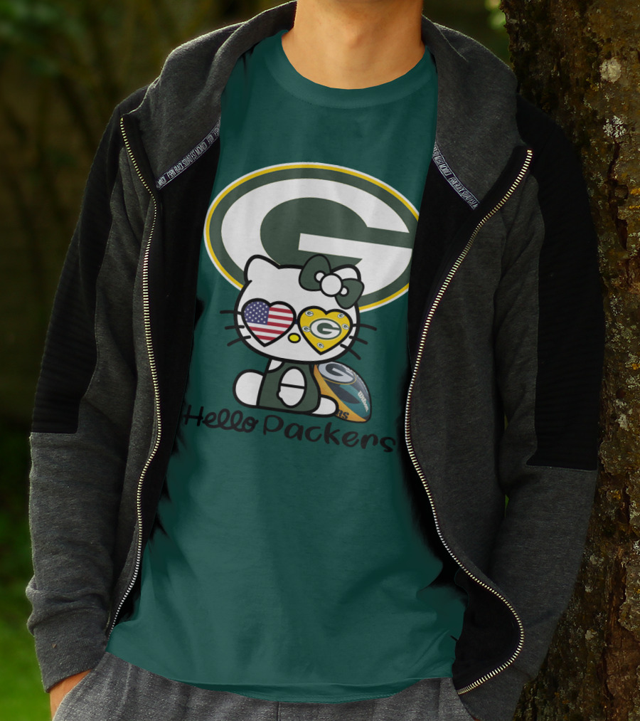 Hello Packers Green Bay Packers Football Fan Art Featuring Kitty With American Flag Heart T-Shirt