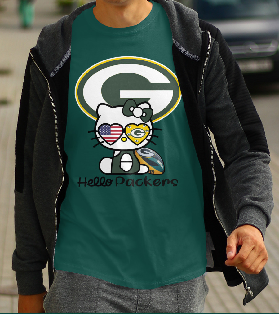 Hello Packers Green Bay Packers Football Fan Art Featuring Kitty With American Flag Heart T-Shirt