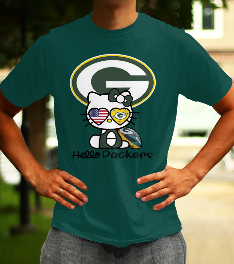 Hello Packers Green Bay Packers Football Fan Art Featuring Kitty With American Flag Heart T-Shirt