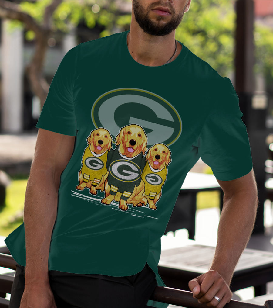 Green Bay Packers Golden Retrievers Sporting Green And Gold Attire T-Shirt