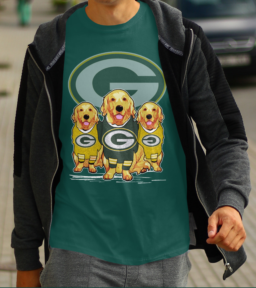 Green Bay Packers Golden Retrievers Sporting Green And Gold Attire T-Shirt