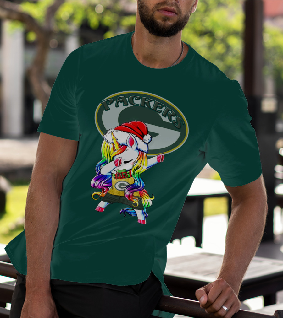 Packers Unicorn Dabbing Santa Hat Green Gold T-Shirt