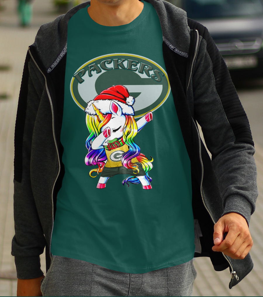 Packers Unicorn Dabbing Santa Hat Green Gold T-Shirt