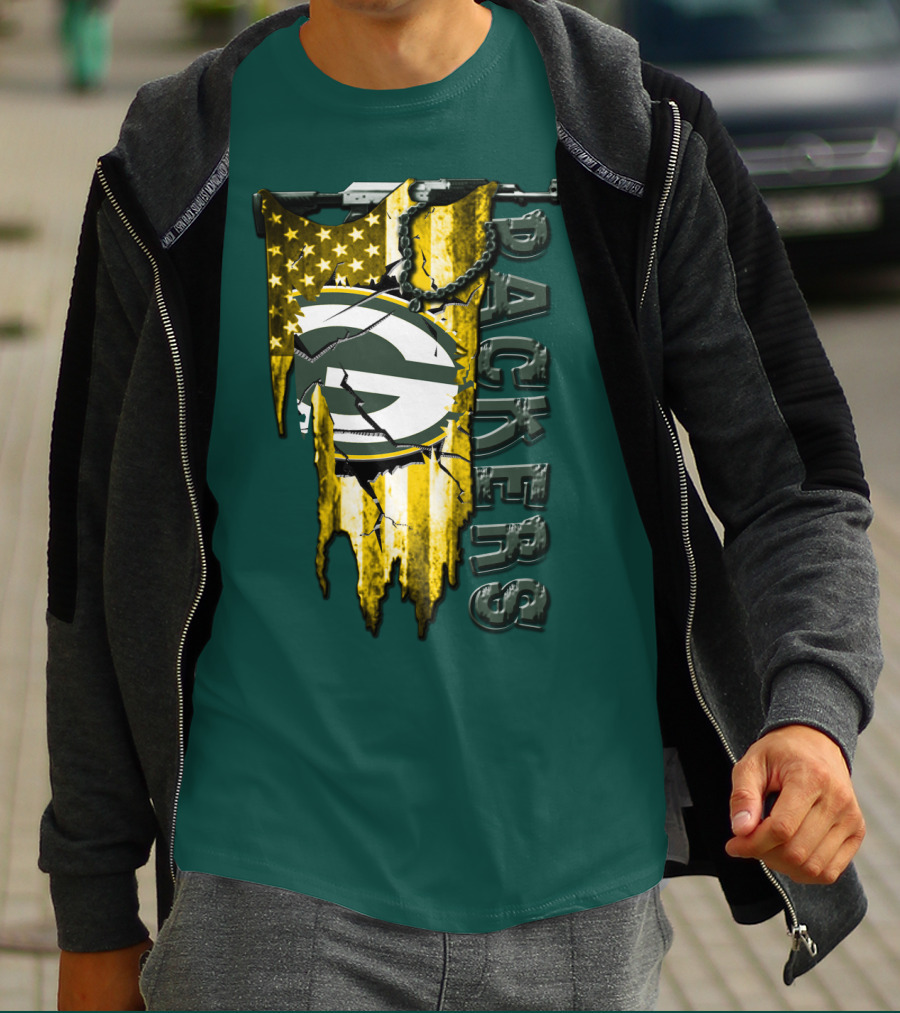 Green Bay Packers American Flag Cracked T-Shirt