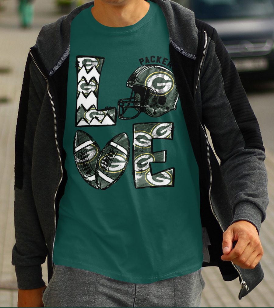 Packers Love Football Helmet And Ball Green Bay Packers T-Shirt