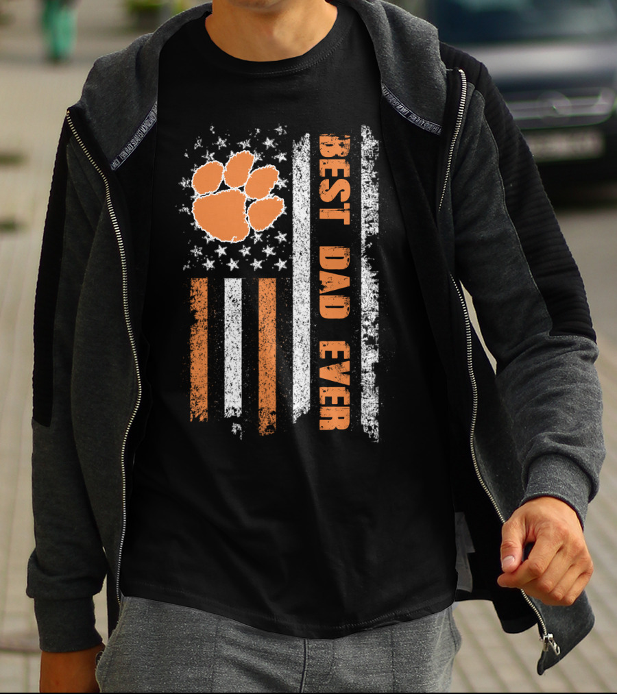 Best Dad Ever American Flag Paw Orange Stripes T-Shirt