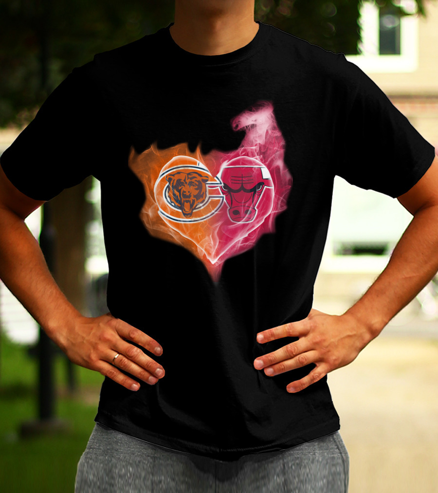 Chicago Bears And Chicago Bulls Heart Flames T-Shirt