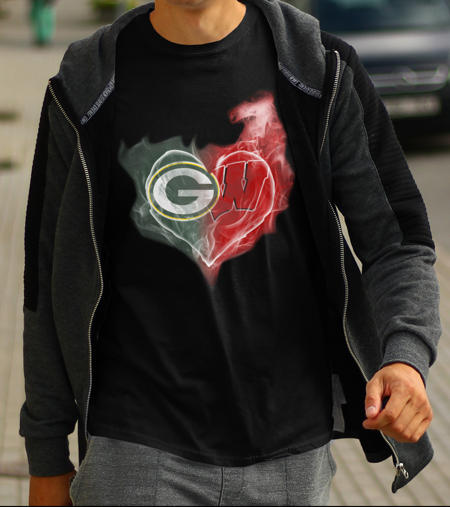Green Bay Packers Wisconsin Badgers Heart Smoke T-Shirt