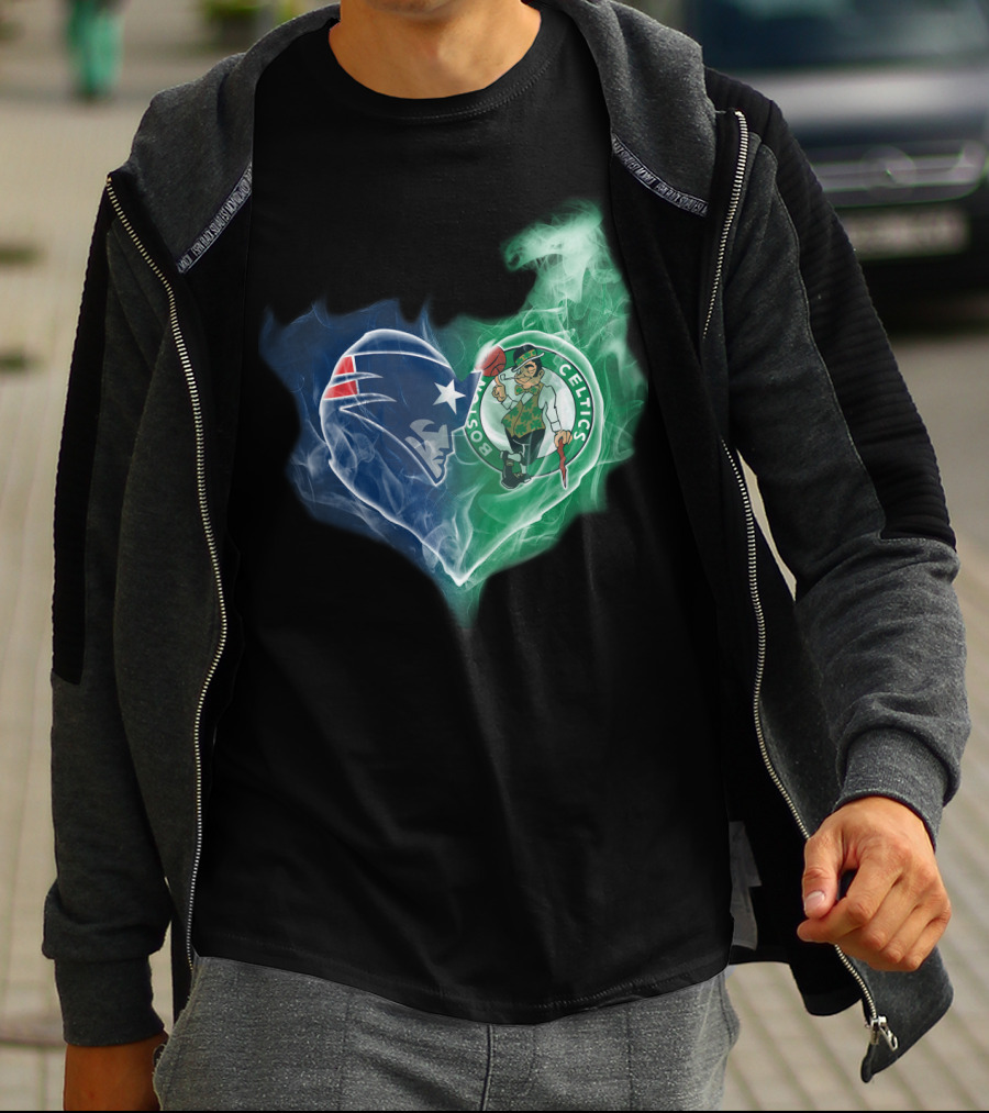 New England Patriots Boston Celtics Heart Smoke Fusion T-Shirt