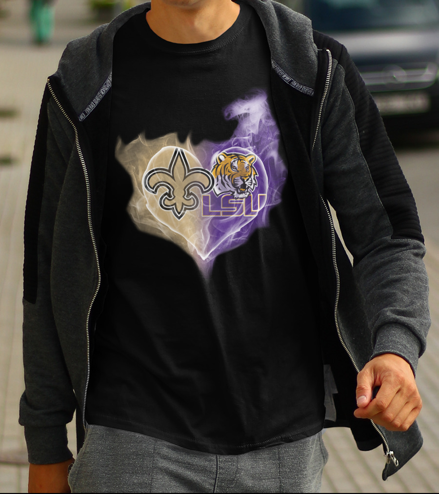 New Orleans Saints Fleur-De-Lis And Lsu Tigers Logo Heart T-Shirt