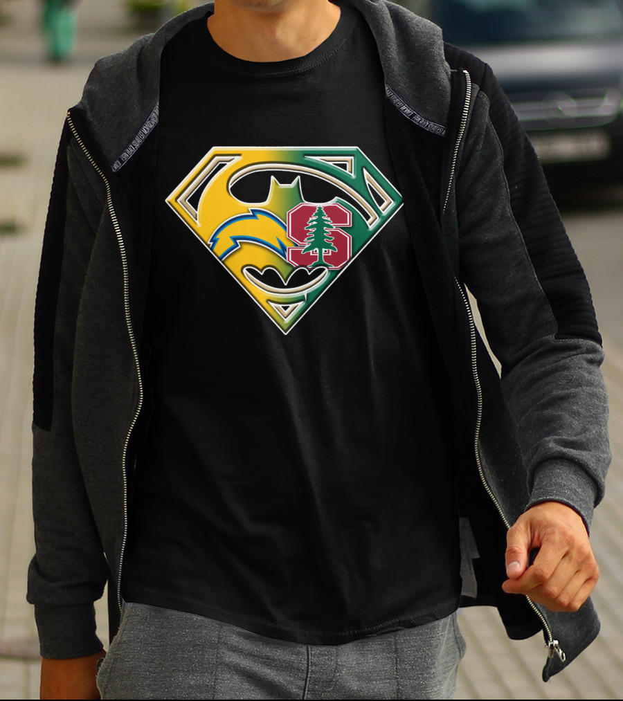 Los Angeles Chargers And Stanford Cardinal Bat Superman Logo Fusion T-Shirt