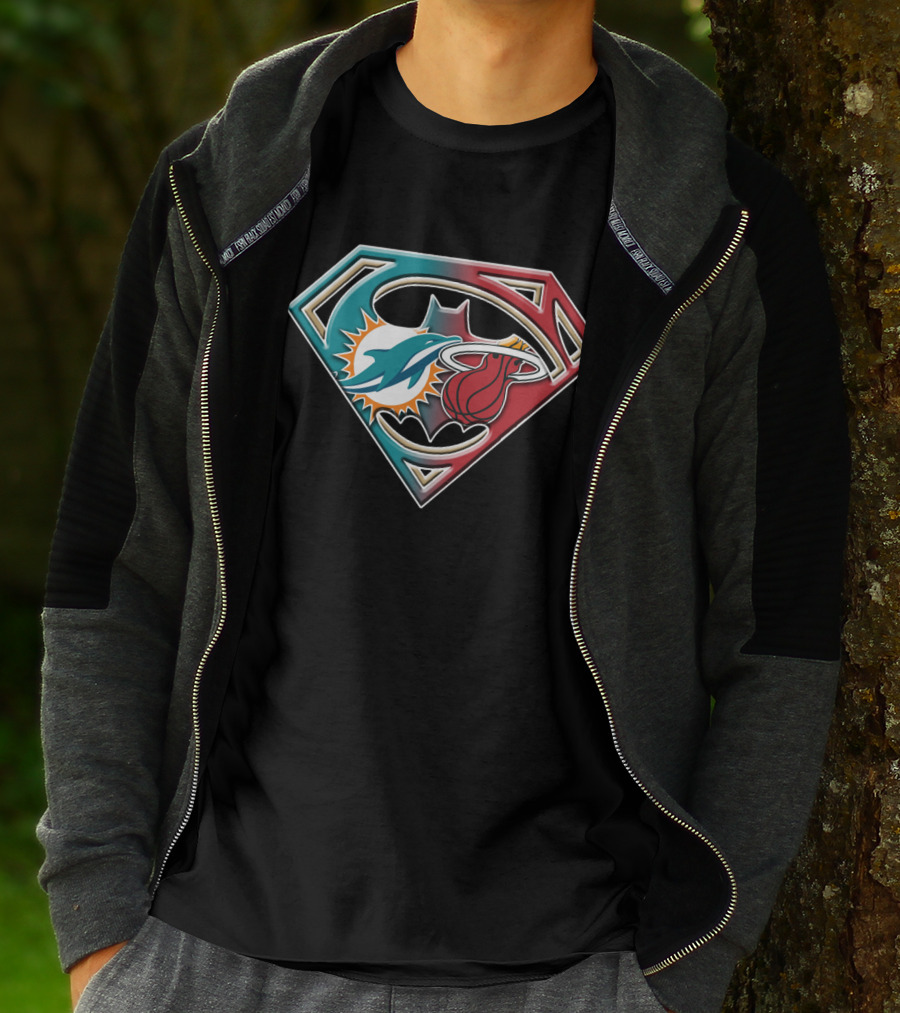Miami Dolphins Batman Superman Miami Heat Logo Mashup T-Shirt