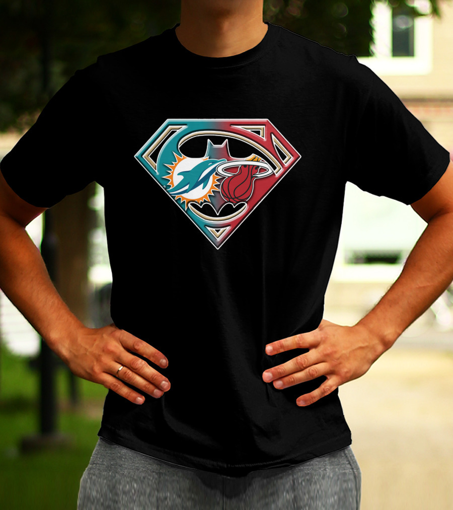Miami Dolphins Batman Superman Miami Heat Logo Mashup T-Shirt