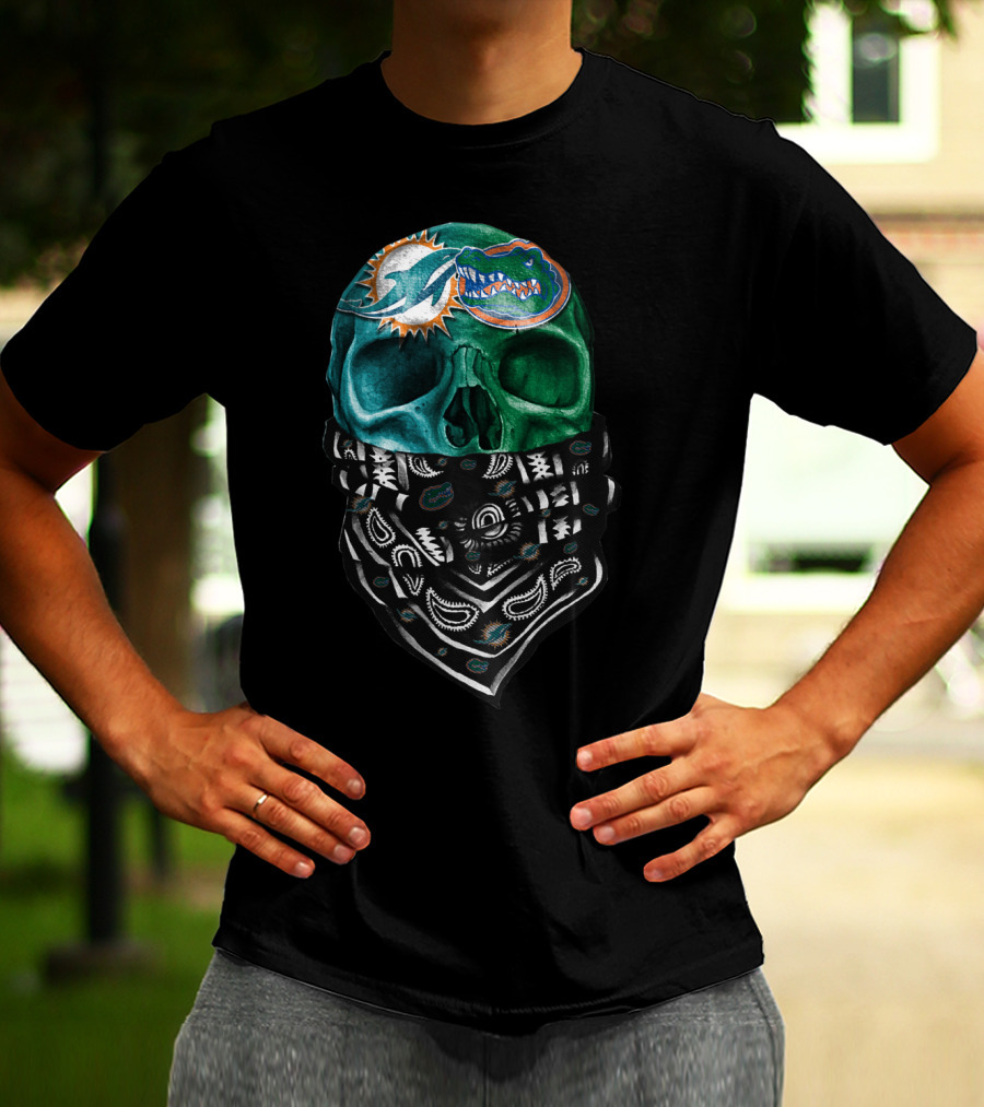 Miami Dolphins And Florida Gators Skull Bandana T-Shirt