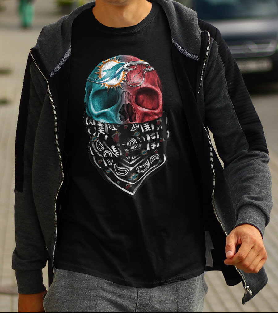 Miami Dolphins And Heat Skull Bandana Combination T-Shirt