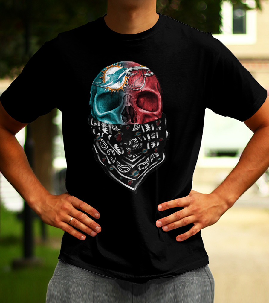 Miami Dolphins And Heat Skull Bandana Combination T-Shirt