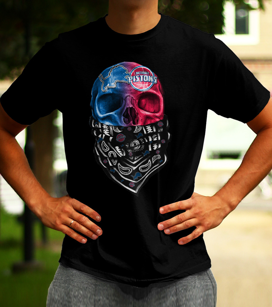 Detroit Pistons Lions Bandana Skull T-Shirt