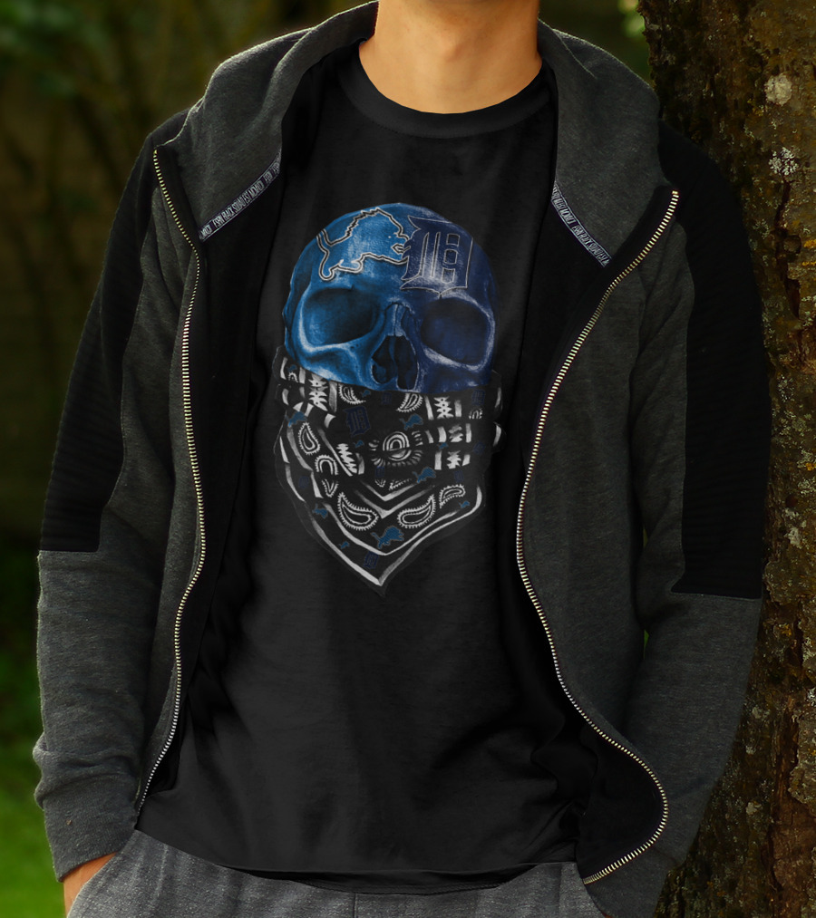 Detroit Lions And Tigers Skull Bandana Blue T-Shirt
