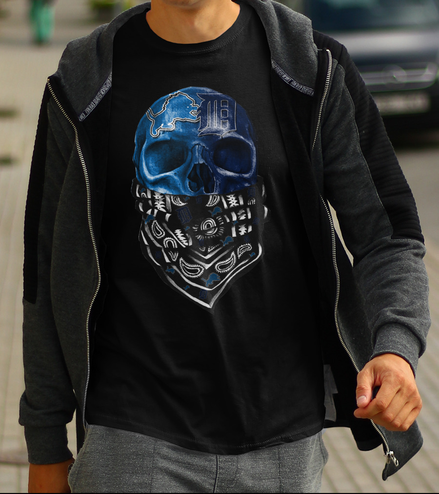 Detroit Lions And Tigers Skull Bandana Blue T-Shirt