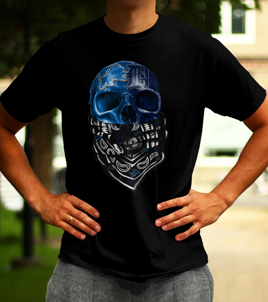 Detroit Lions And Tigers Skull Bandana Blue T-Shirt