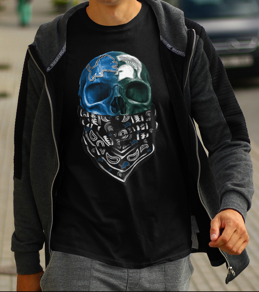 Detroit Lions Michigan State Spartans Skull Bandana T-Shirt