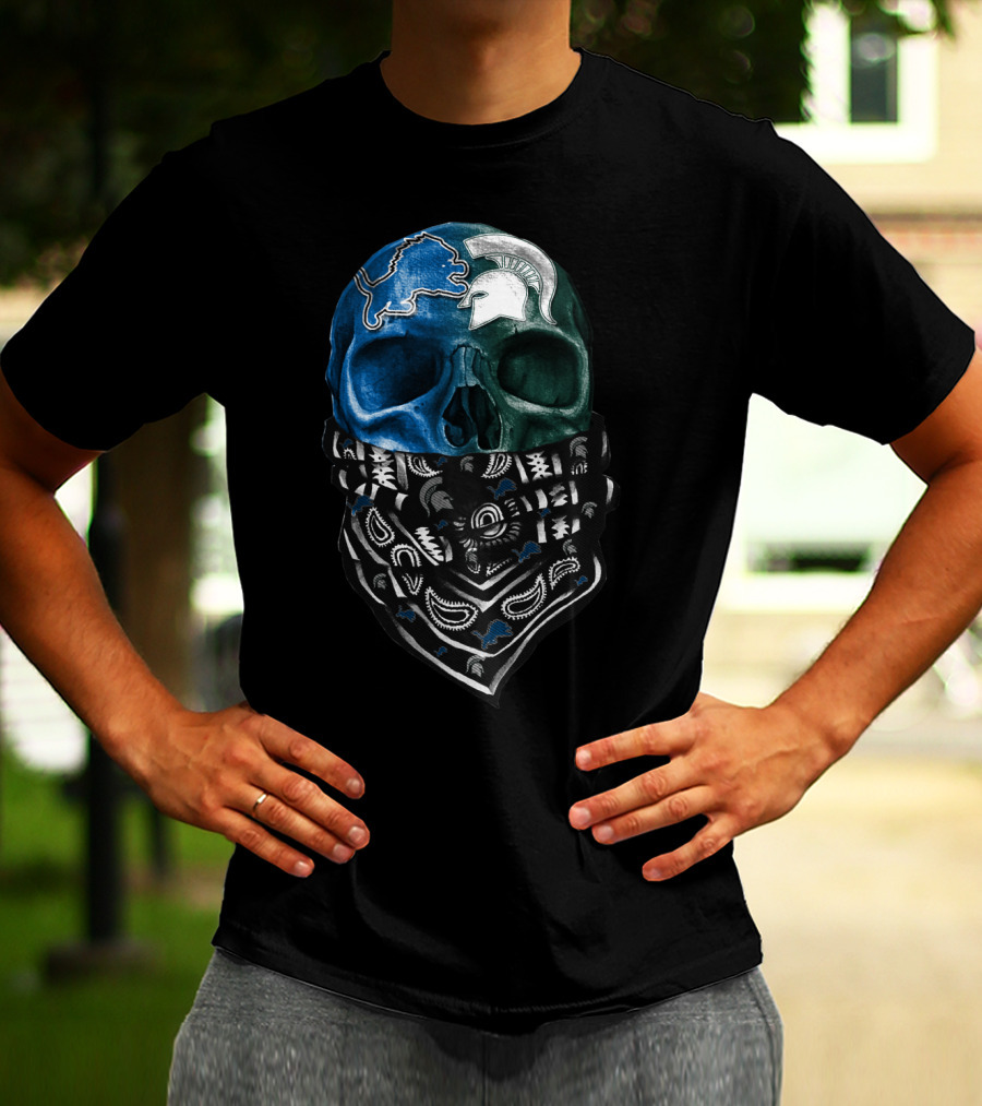 Detroit Lions Michigan State Spartans Skull Bandana T-Shirt