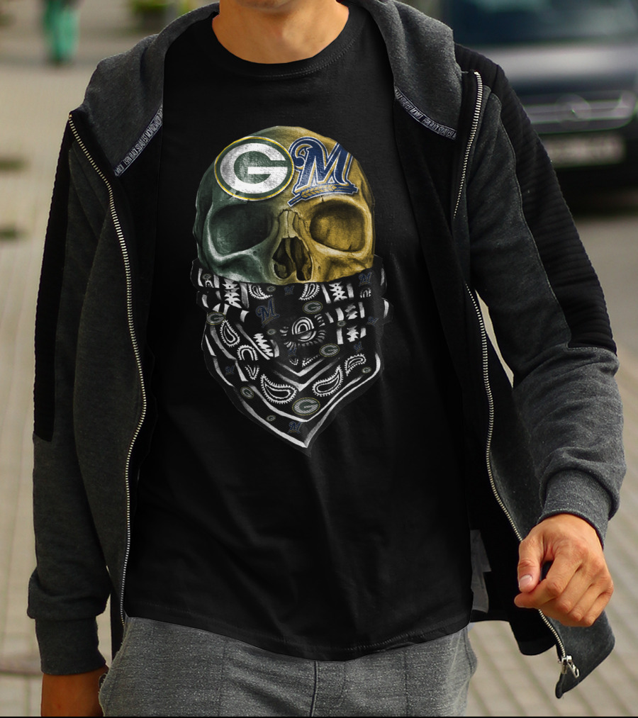 Green Bay Packers And Milwaukee Brewers Skull Bandana T-Shirt
