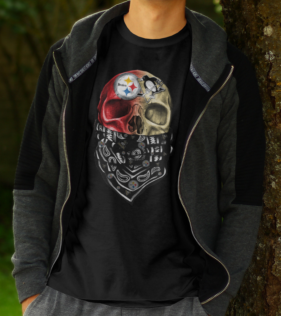 Steelers And Penguins Dual Skull Bandana Art On Sku 114 T-Shirt