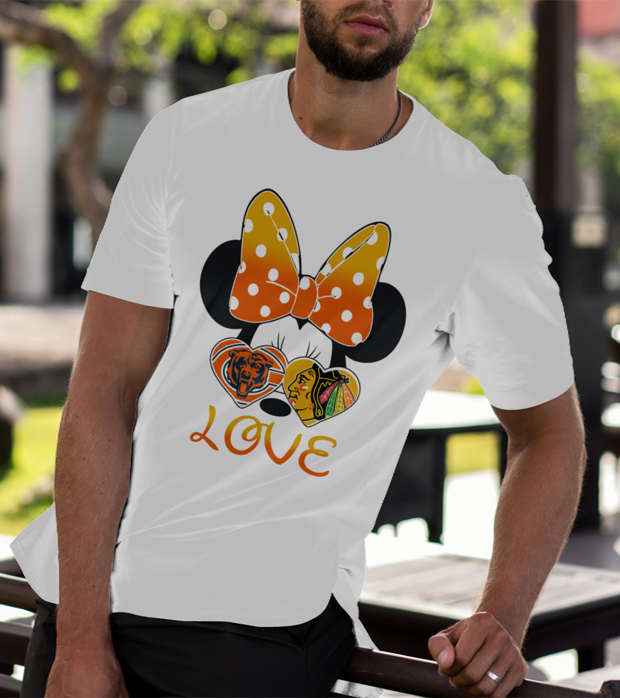 Minnie Mouse Love Chicago Bears Blackhawks Bow T-Shirt