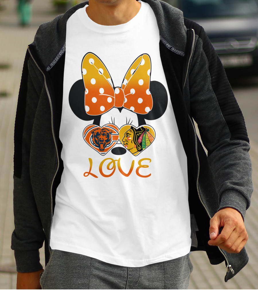 Minnie Mouse Love Chicago Bears Blackhawks Bow T-Shirt