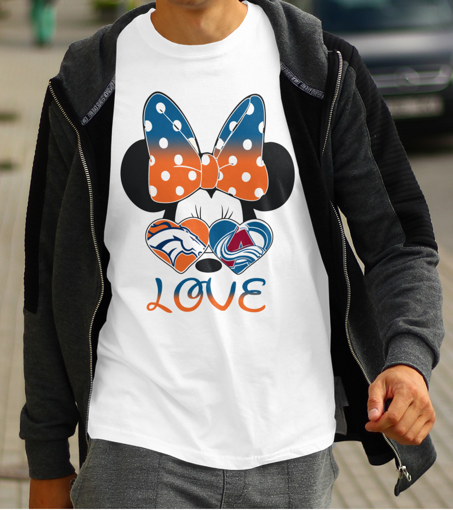 Love Colorado Sports Fans Hearts Broncos Avalanche Minnie Mouse T-Shirt