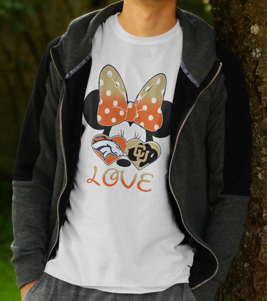 Love Minnie Mouse Orange Bow Denver Broncos University Of Colorado Buffaloes Hearts T-Shirt
