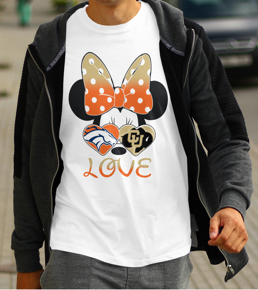 Love Minnie Mouse Orange Bow Denver Broncos University Of Colorado Buffaloes Hearts T-Shirt