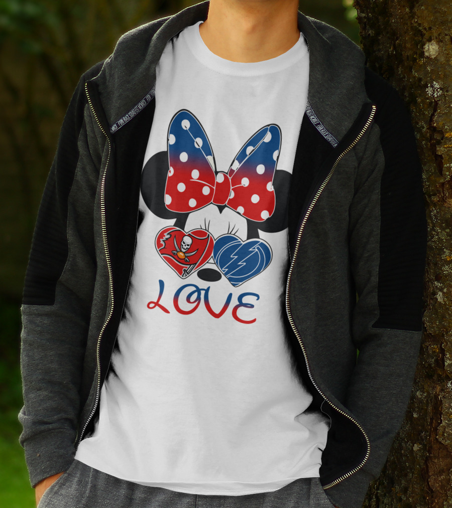 Love Minnie Bow Red And Blue Hearts With Buccaneers And Lightning Logos T-Shirt