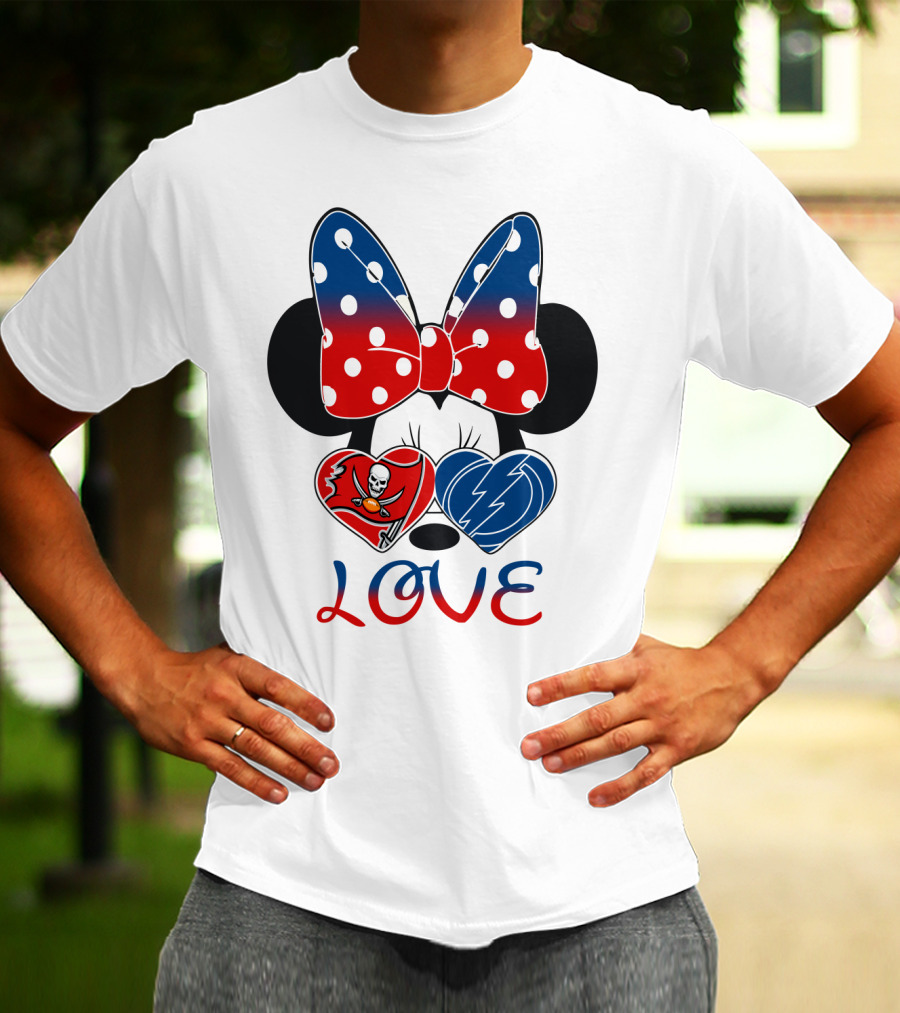 Love Minnie Bow Red And Blue Hearts With Buccaneers And Lightning Logos T-Shirt
